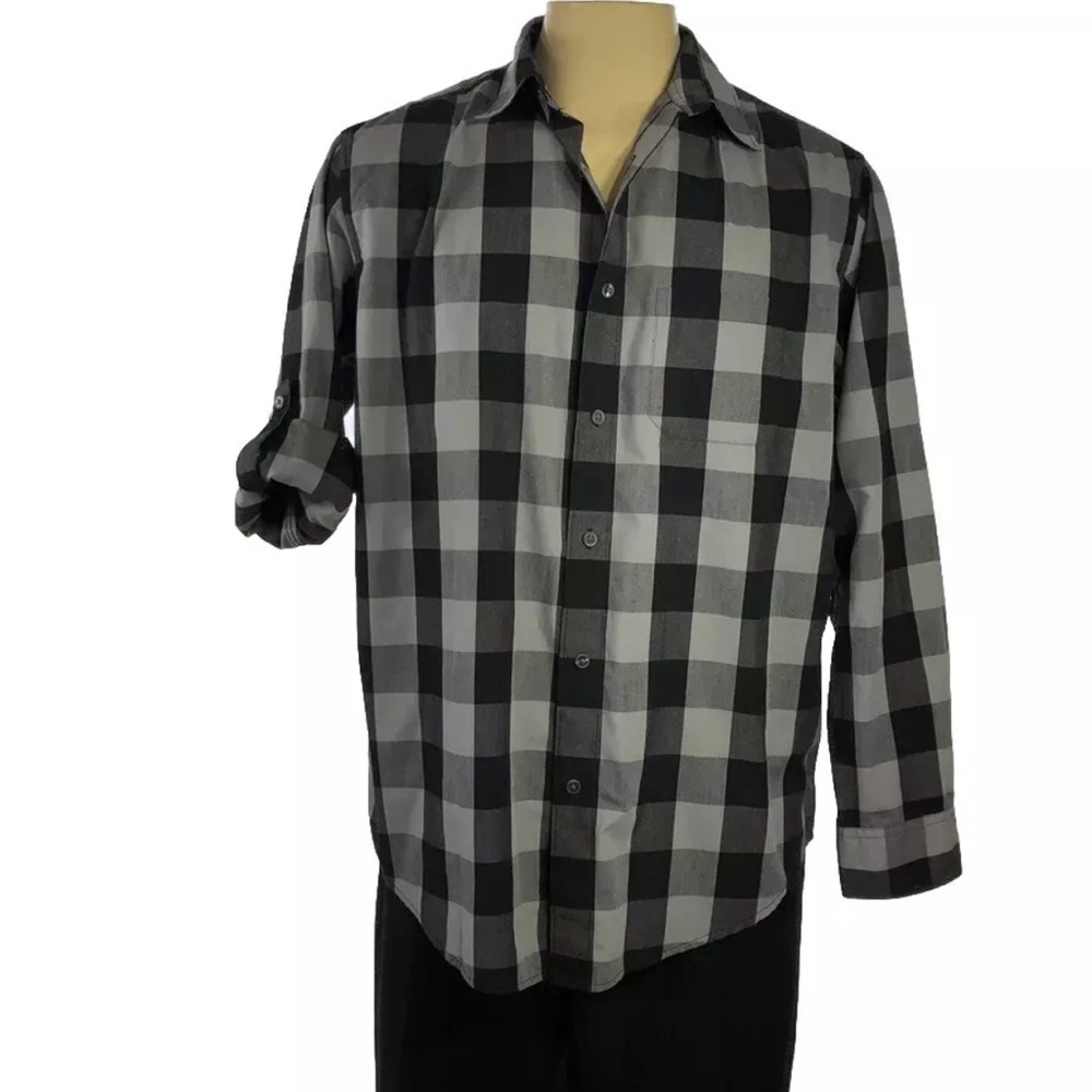 SHIRT Spring+Mercer Men’s Sz L Plaid Black Gray Long Sleeve Button Daw